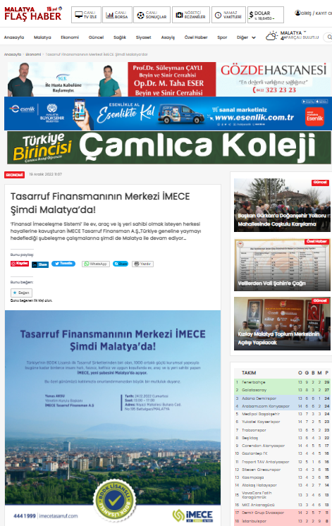  Tasarruf Finansmanının Merkezi İMECE Şimdi Malatya’da!